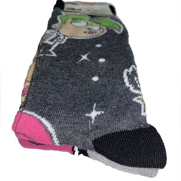 The Fairly Odd Parents! Crew Socks 2 Pair Men 6-12 Black Gray w Cosmo Wanda Nick - Picture 10 of 12